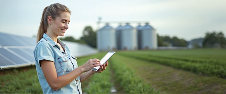 Farmer using a tablet in front of grain bins